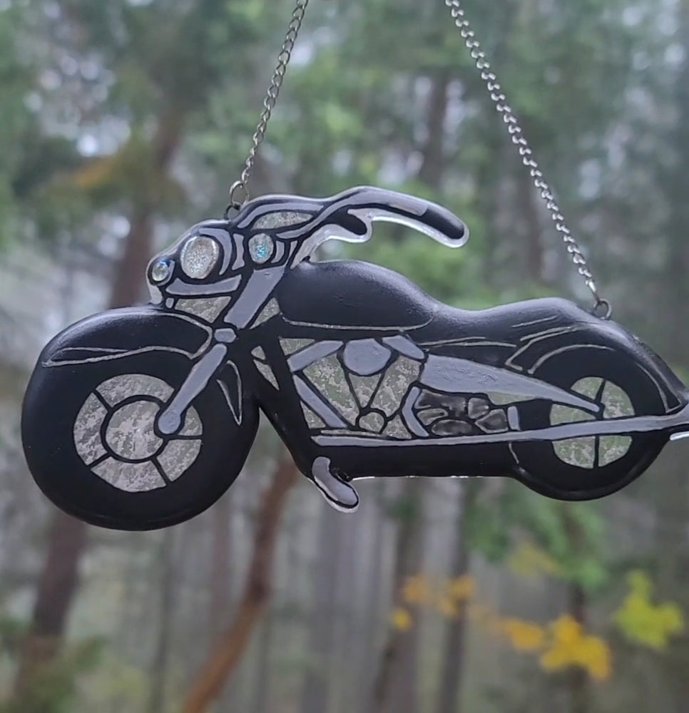 Glass Motorcycle With Ashes Biker Memorial Sun Catcher 7inch
