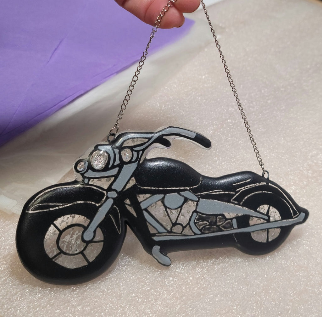 Glass Motorcycle With Ashes Biker Memorial Sun Catcher 7inch