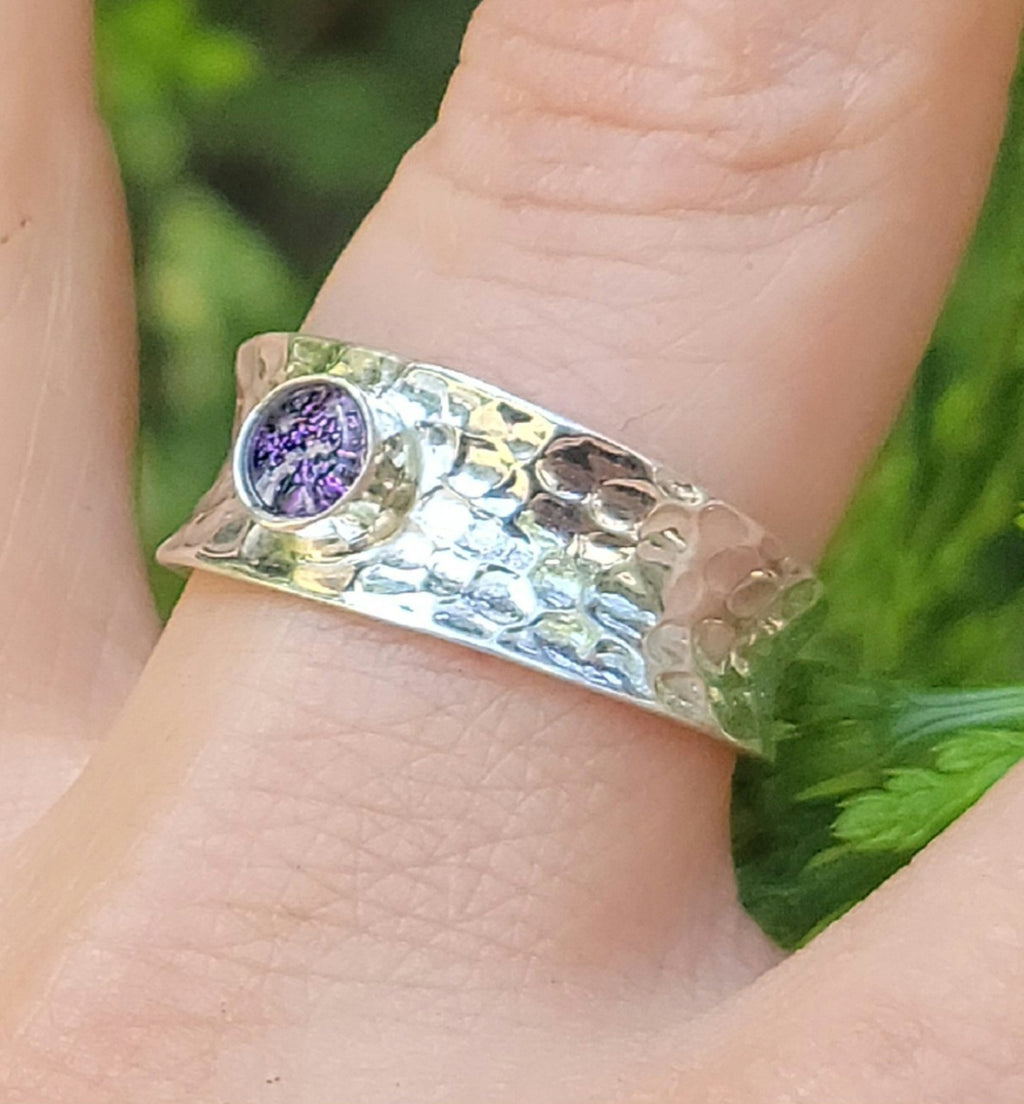 Bali Hammered Cigar Ashes InFused Glass Cremation Ring Sterling Silver 6,7,8