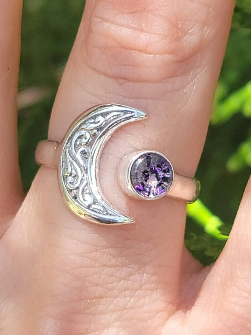 Moon Bali Carved Ashes InFused Glass Cremation Ring Sterling Silver 6,7,8