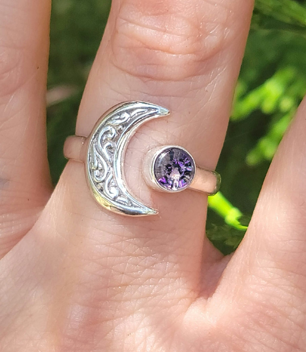 Moon Bali Carved Ashes InFused Glass Cremation Ring Sterling Silver 6,7,8