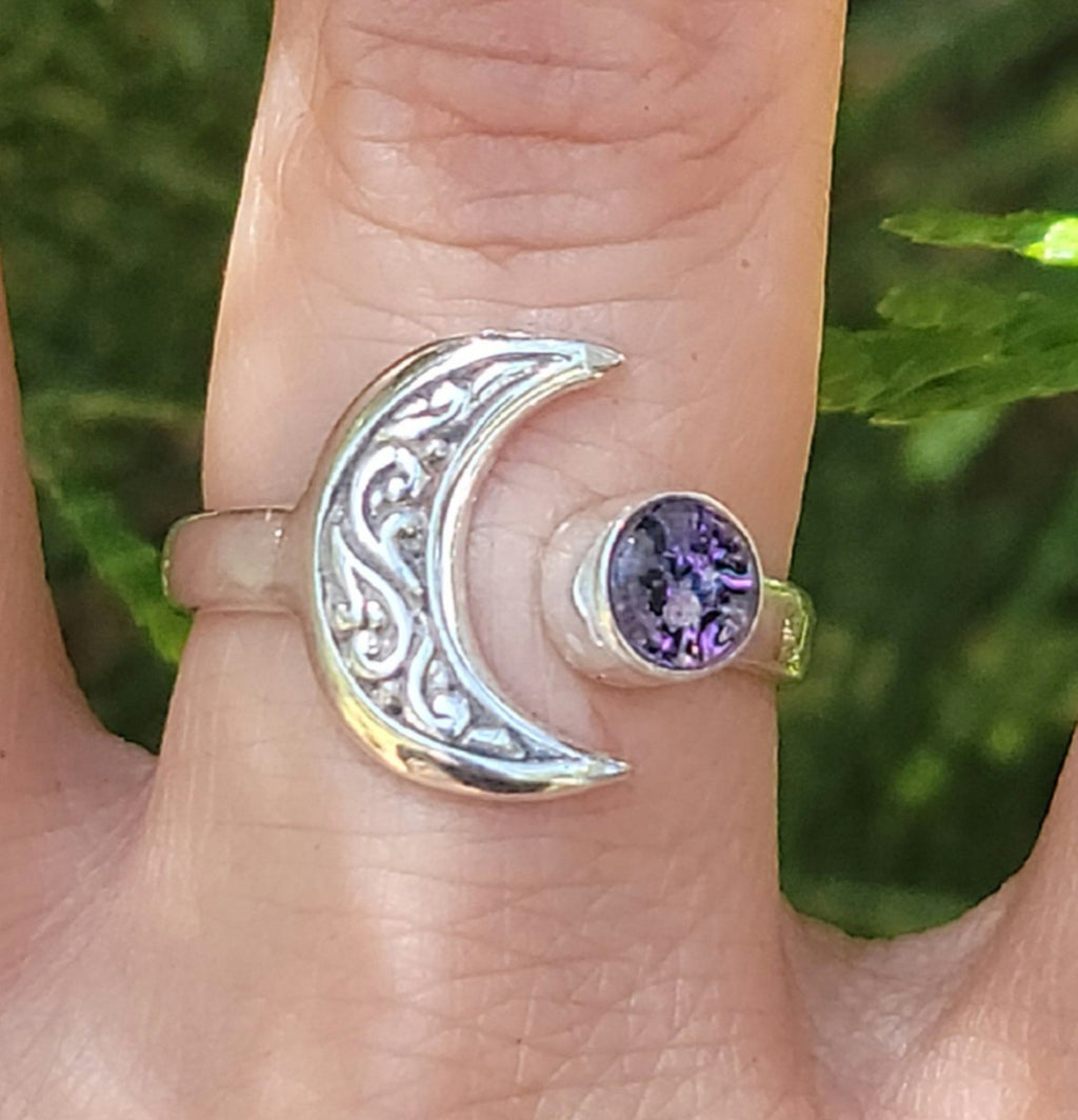 Moon Bali Carved Ashes InFused Glass Cremation Ring Sterling Silver 6,7,8