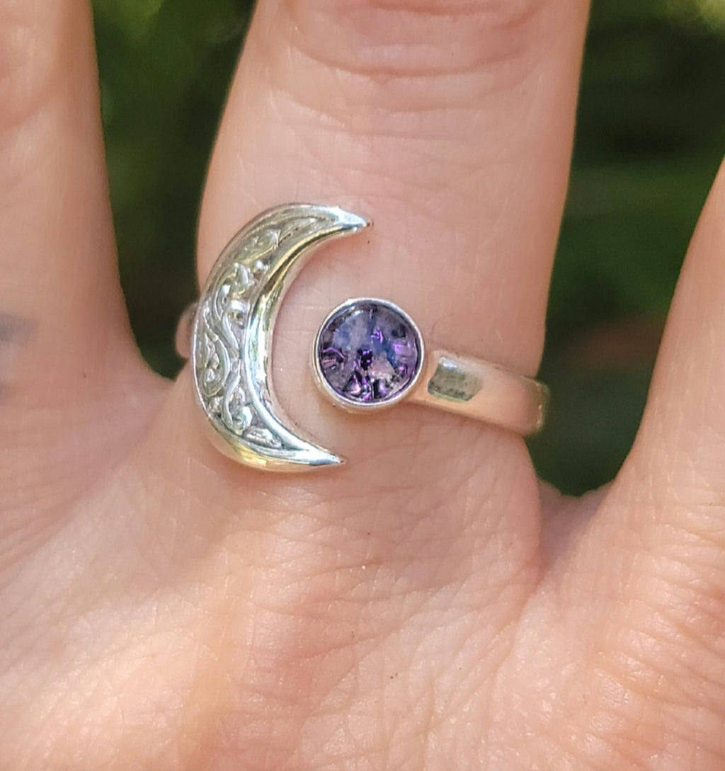 Moon Bali Carved Ashes InFused Glass Cremation Ring Sterling Silver 6,7,8