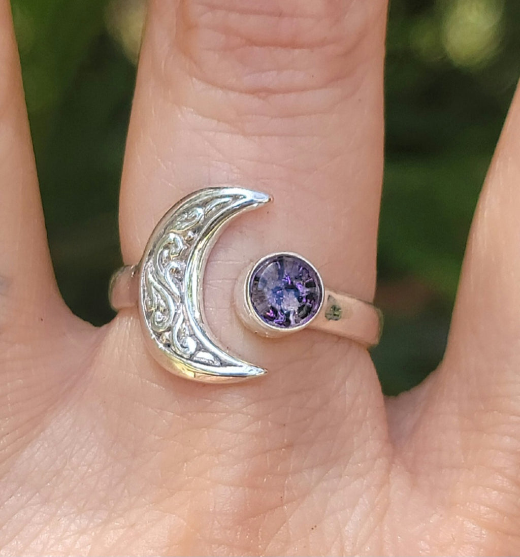 Moon Bali Carved Ashes InFused Glass Cremation Ring Sterling Silver 6,7,8