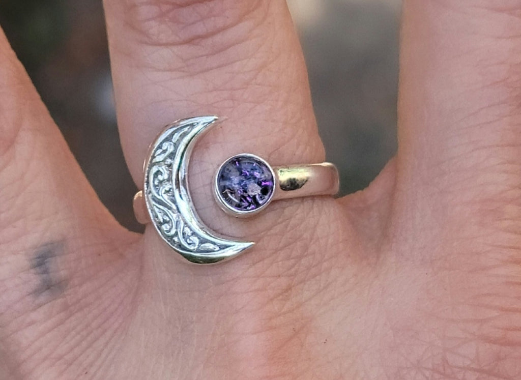 Moon Bali Carved Ashes InFused Glass Cremation Ring Sterling Silver 6,7,8
