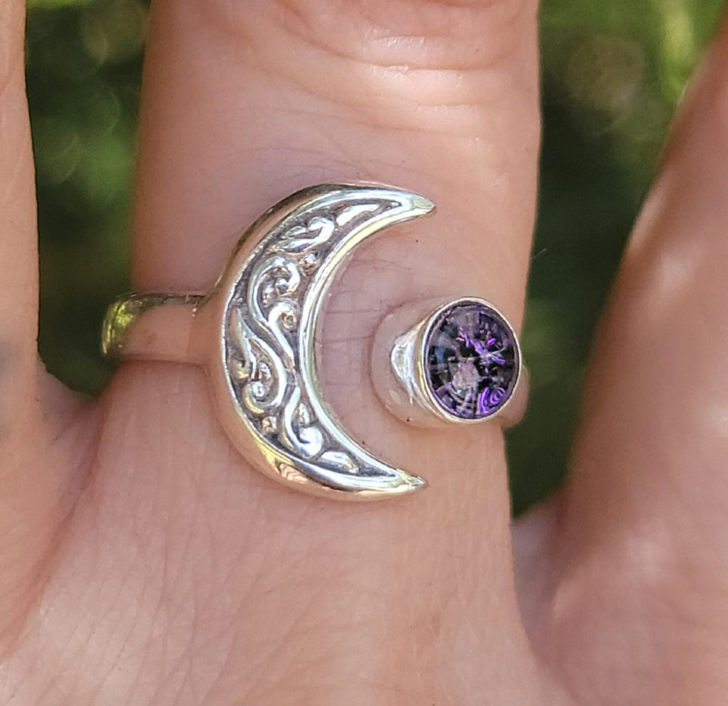 Moon Bali Carved Ashes InFused Glass Cremation Ring Sterling Silver 6,7,8