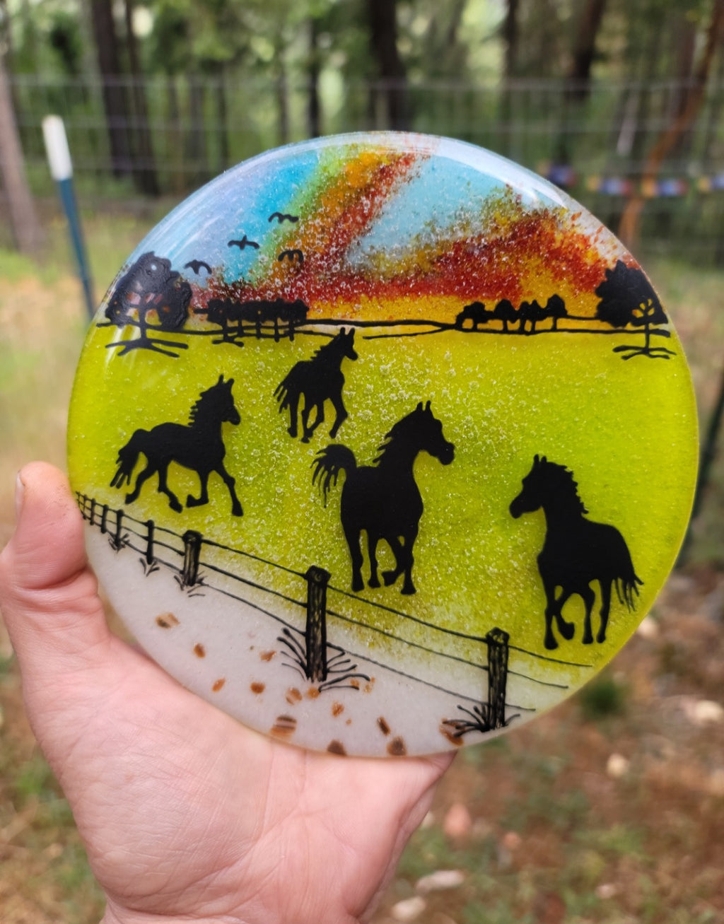 Countryside Horse Pasture Ashes InFused Glass Cremation Memorial Art