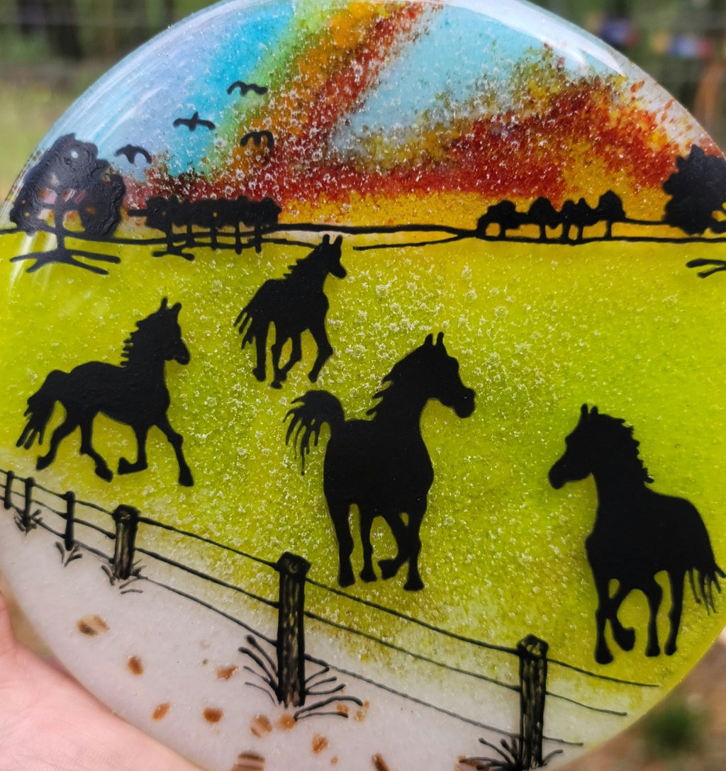 Countryside Horse Pasture Ashes InFused Glass Cremation Memorial Art