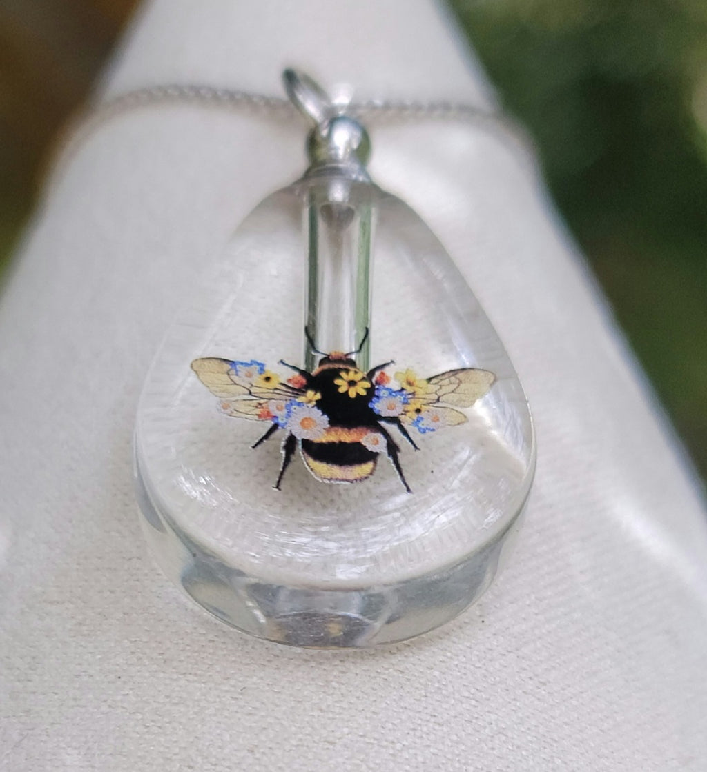 DIY Bumblebee in Flowers Teardrop Cremation Jewelry Necklace Sympathy Kit Gift Wrapped with Tools