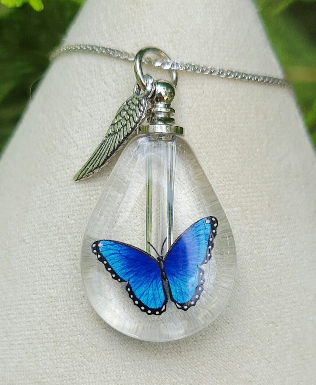 DIY Blue Morpho Butterfly Cremation Jewelry Urn Necklace Sympathy Gift