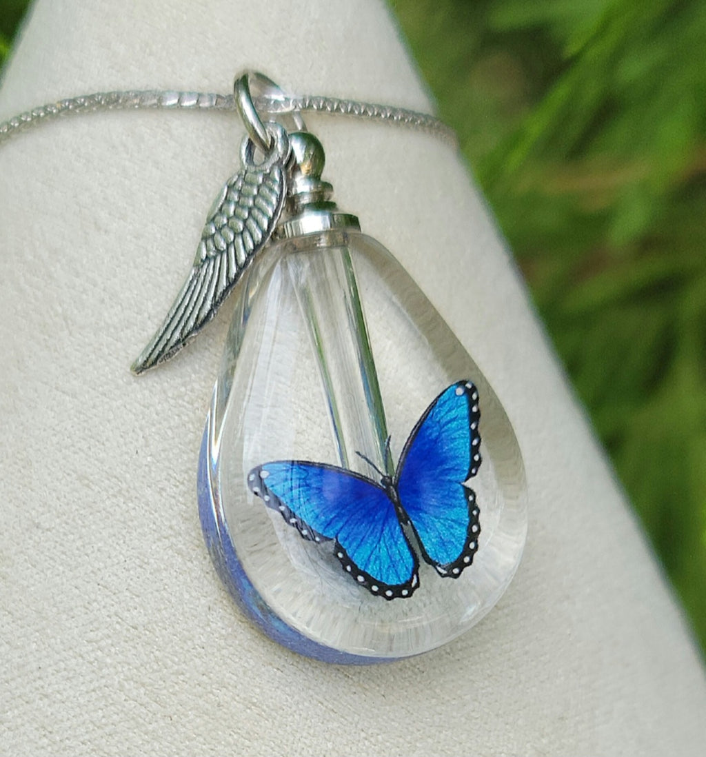 DIY Blue Morpho Butterfly Cremation Jewelry Urn Necklace Sympathy Gift