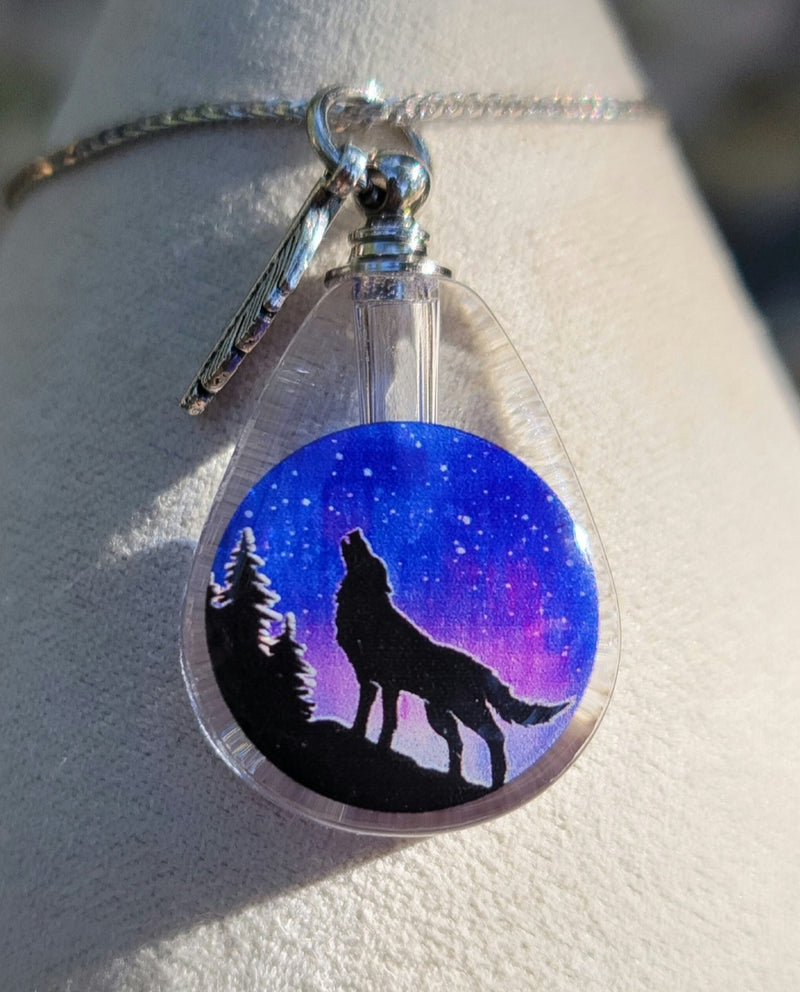 Howling Wolf Moon Galaxy Forest Mountain Cremation Jewelry Necklace Sympathy Kit Gift Wrapped with Tools