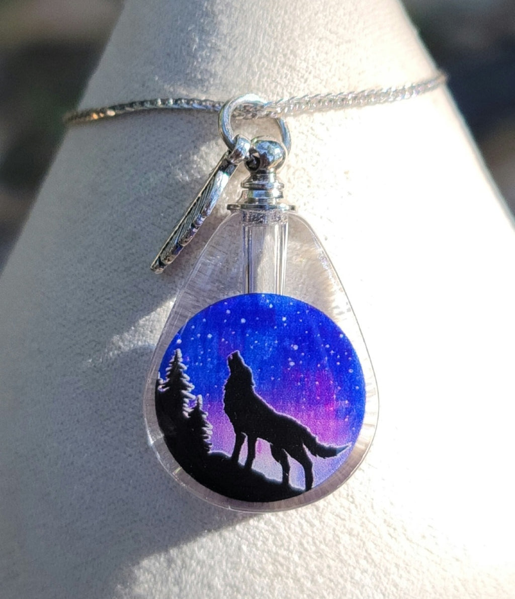 Howling Wolf Moon Galaxy Forest Mountain Cremation Jewelry Necklace Sympathy Kit Gift Wrapped with Tools