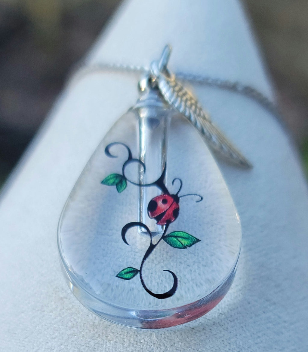 DIY Ladybug Teardrop Cremation Jewelry Necklace Sympathy Kit Gift Wrapped with Tools