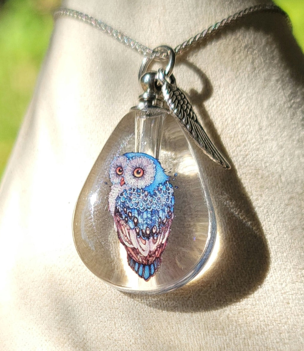 DIY Owl Feather Wing Cremation Urn Crystal Bottle Necklace Fill Yourself