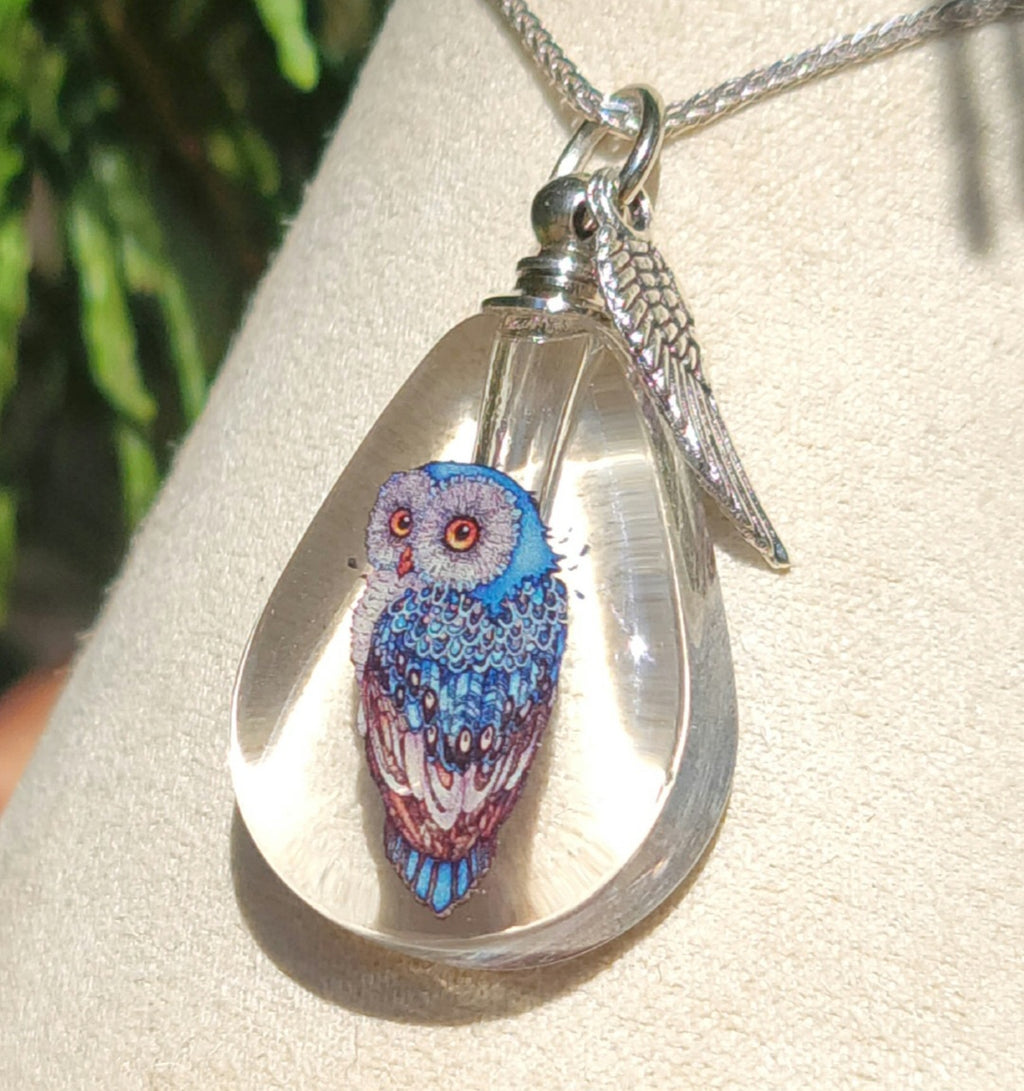 DIY Owl Feather Wing Cremation Urn Crystal Bottle Necklace Fill Yourself