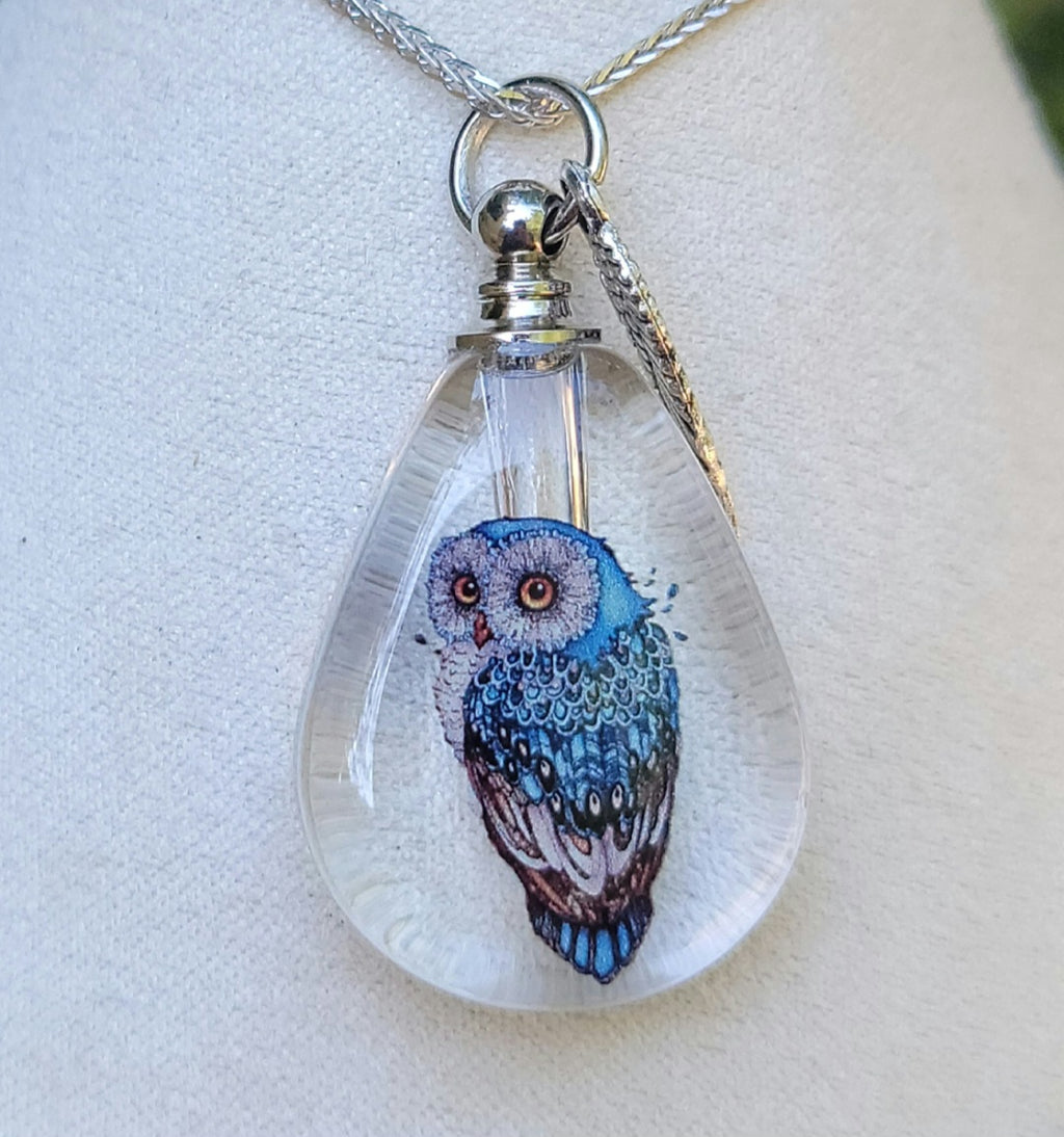 DIY Owl Feather Wing Cremation Urn Crystal Bottle Necklace Fill Yourself