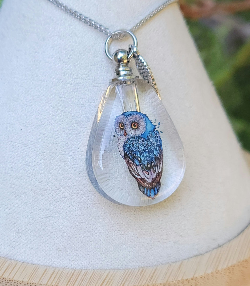 DIY Owl Feather Wing Cremation Urn Crystal Bottle Necklace Fill Yourself