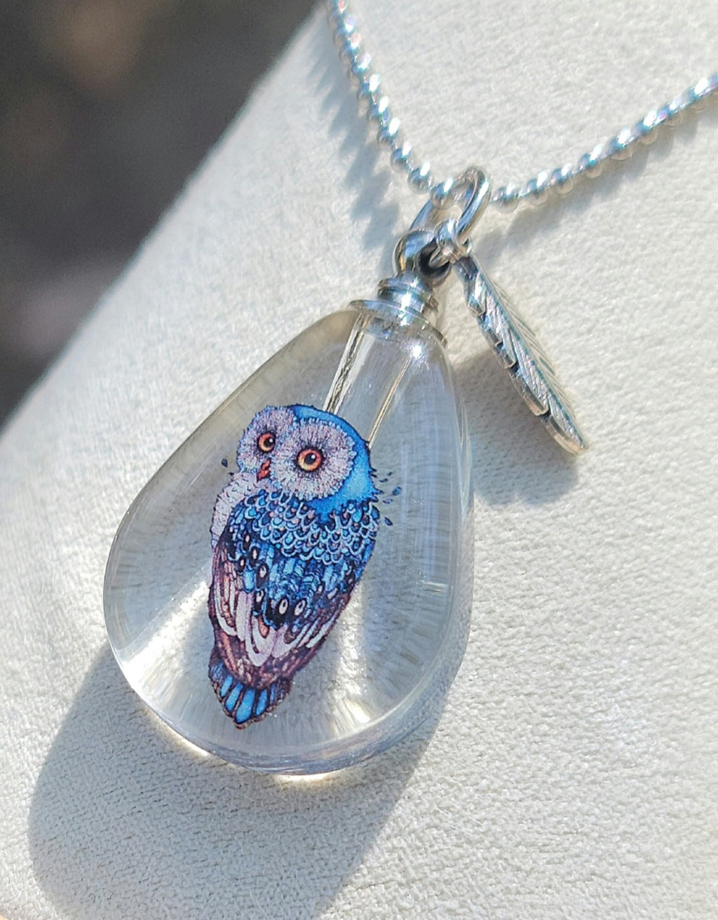DIY Owl Feather Wing Cremation Urn Crystal Bottle Necklace Fill Yourself