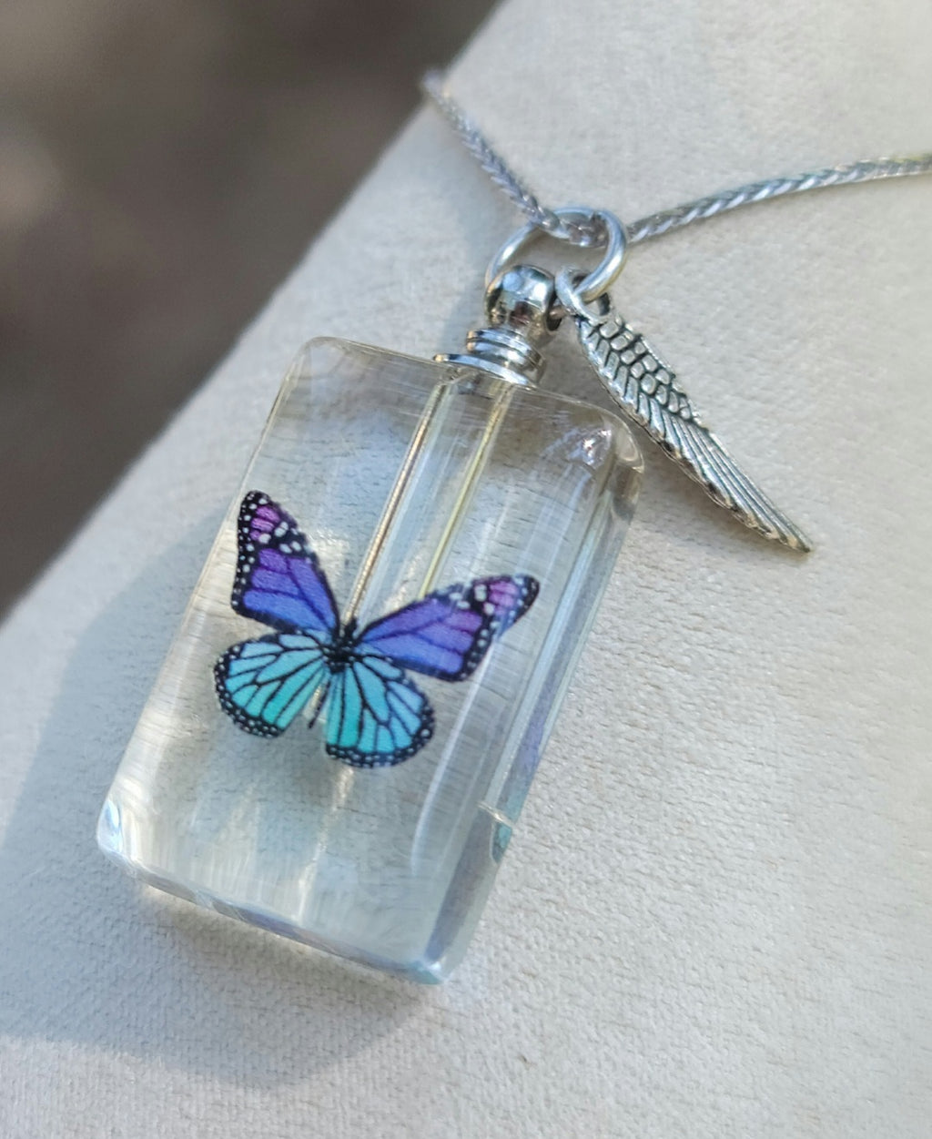 DIY Purple Teal Monarch Butterfly Cremation Jewelry Urn Necklace Sympathy Gift Wrapped with Tools