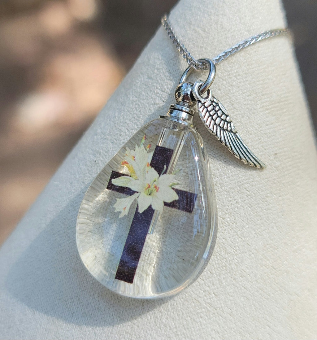DIY Lilly Crusifix Cross Teardrop Cremation Jewelry Necklace Sympathy Kit Gift Wrapped with Tools
