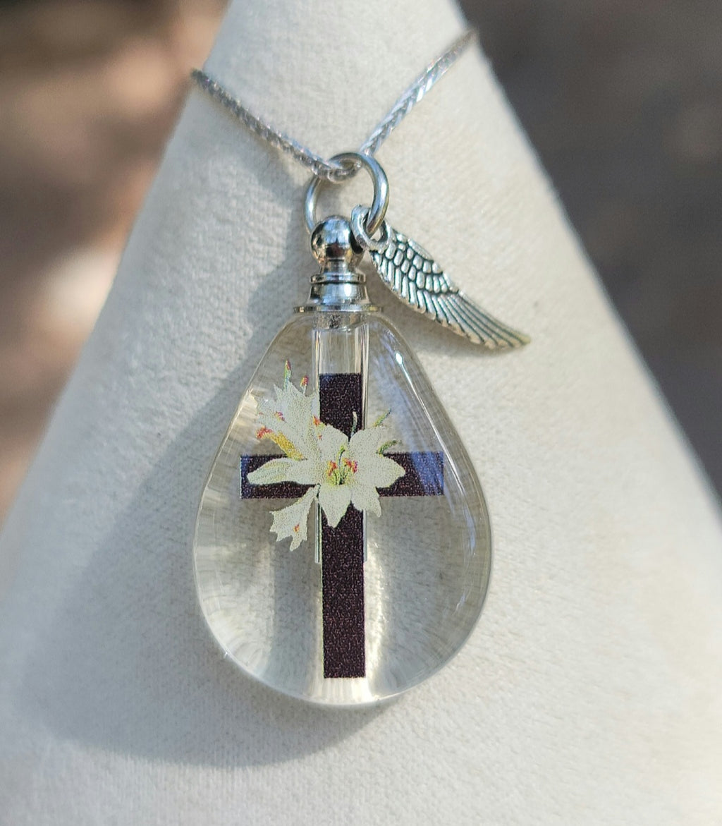 DIY Lilly Crusifix Cross Teardrop Cremation Jewelry Necklace Sympathy Kit Gift Wrapped with Tools