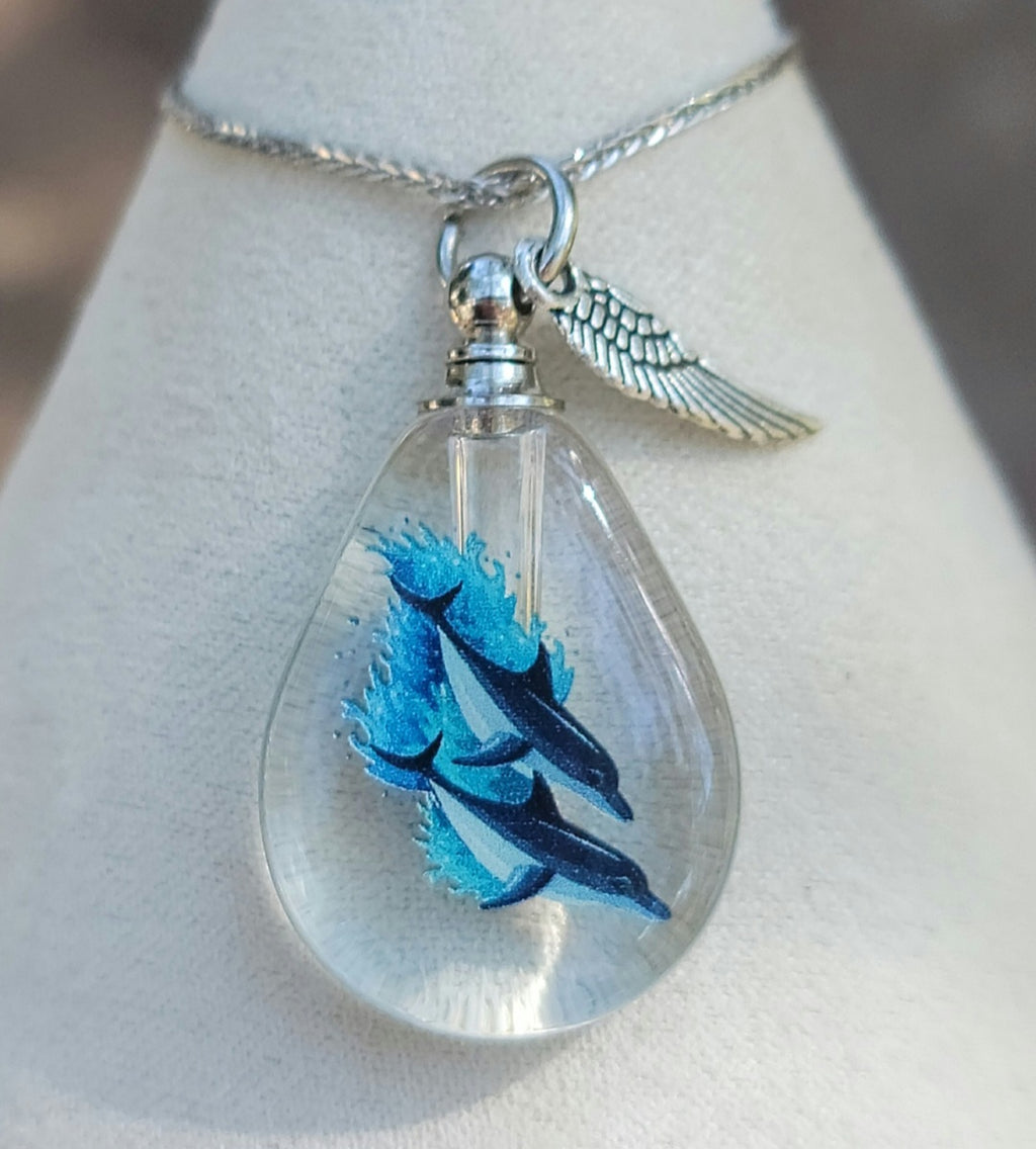 DIY 2 Dolphins Ocean Wave Teardrop Cremation Jewelry Necklace Sympathy Kit Gift Wrapped with Tools