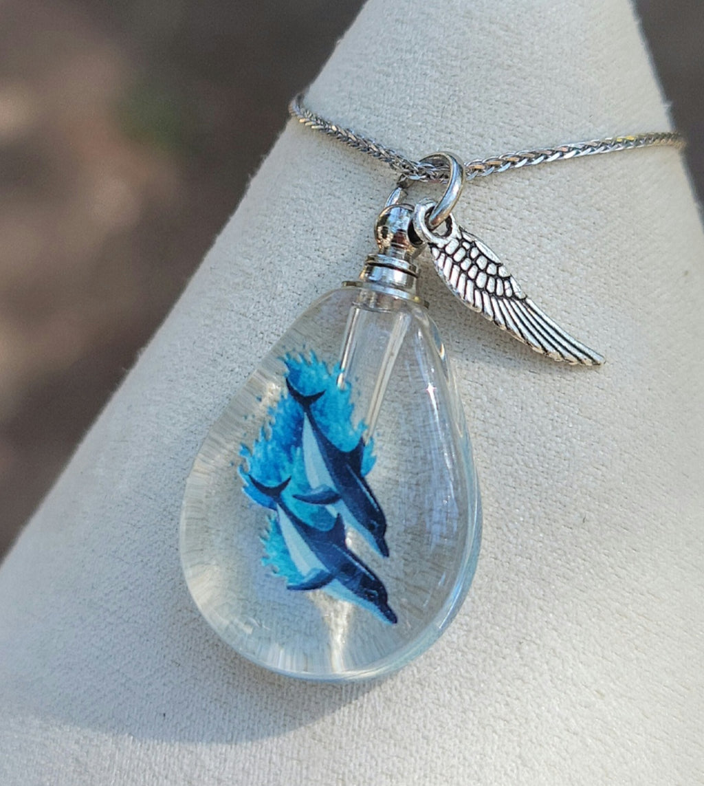 DIY 2 Dolphins Ocean Wave Teardrop Cremation Jewelry Necklace Sympathy Kit Gift Wrapped with Tools