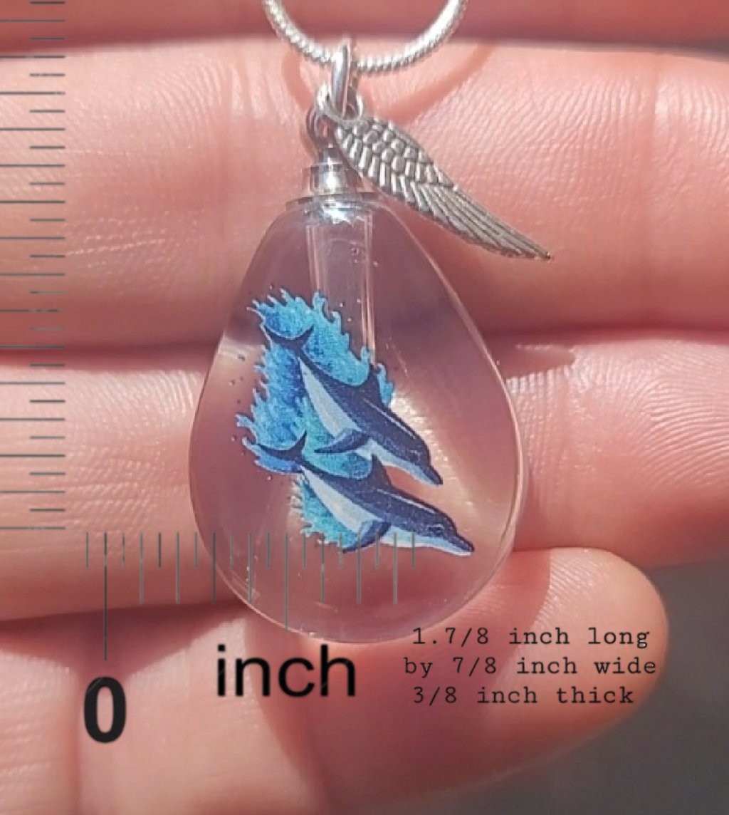 DIY 2 Dolphins Ocean Wave Teardrop Cremation Jewelry Necklace Sympathy Kit Gift Wrapped with Tools