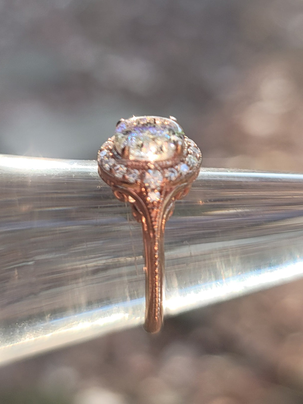 14k Rose Gold Filigree Cremation Ring For Ashes Moissanite Diamond Handmade Urn