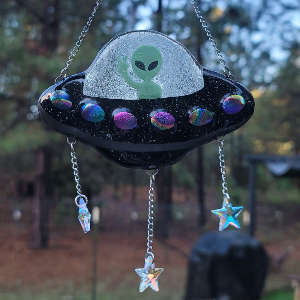 Alien Spaceship Sun Catchers  Cremation Ashes In Glass Memorial Urn 5inch