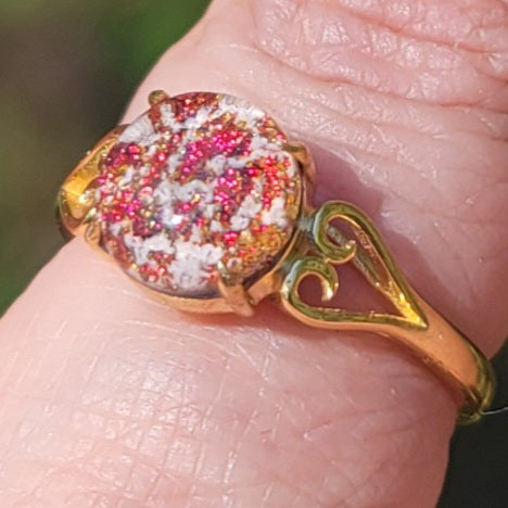 14k Yellow Gold Love Heart  Cremation Jewelry Ring Ashes InFused Glass 5,6,7,8,9