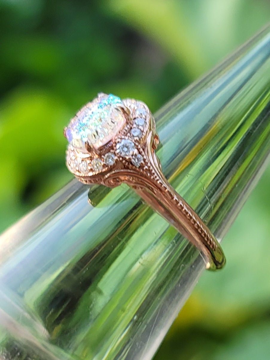 14k Rose Gold Filigree Cremation Ring For Ashes Moissanite Diamond Han InFusion Glass