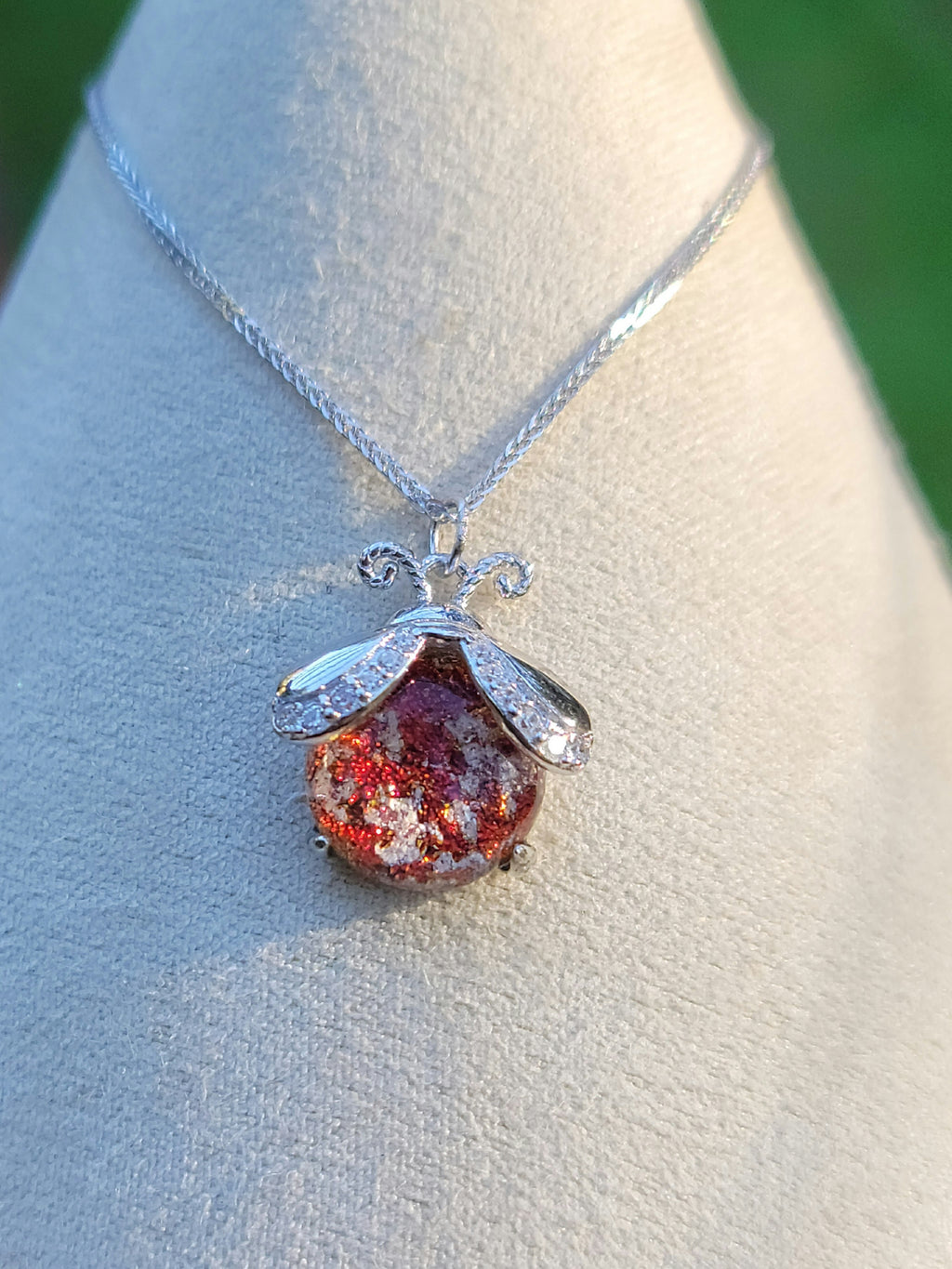 CZ Ladybug Cremation Jewelry Ashes InFused Glass Sterling Silver Urn Pendant