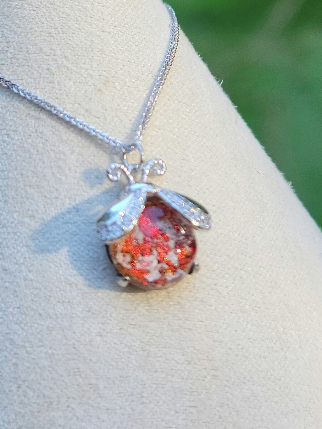 CZ Ladybug Cremation Jewelry Ashes InFused Glass Sterling Silver Urn Pendant