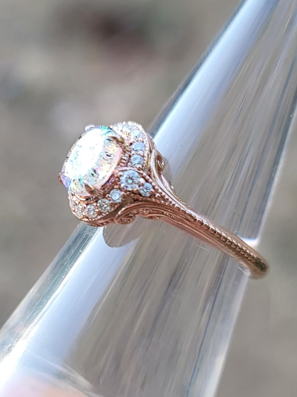 14k Rose Gold Filigree Cremation Ring For Ashes Moissanite Diamond Handmade Urn