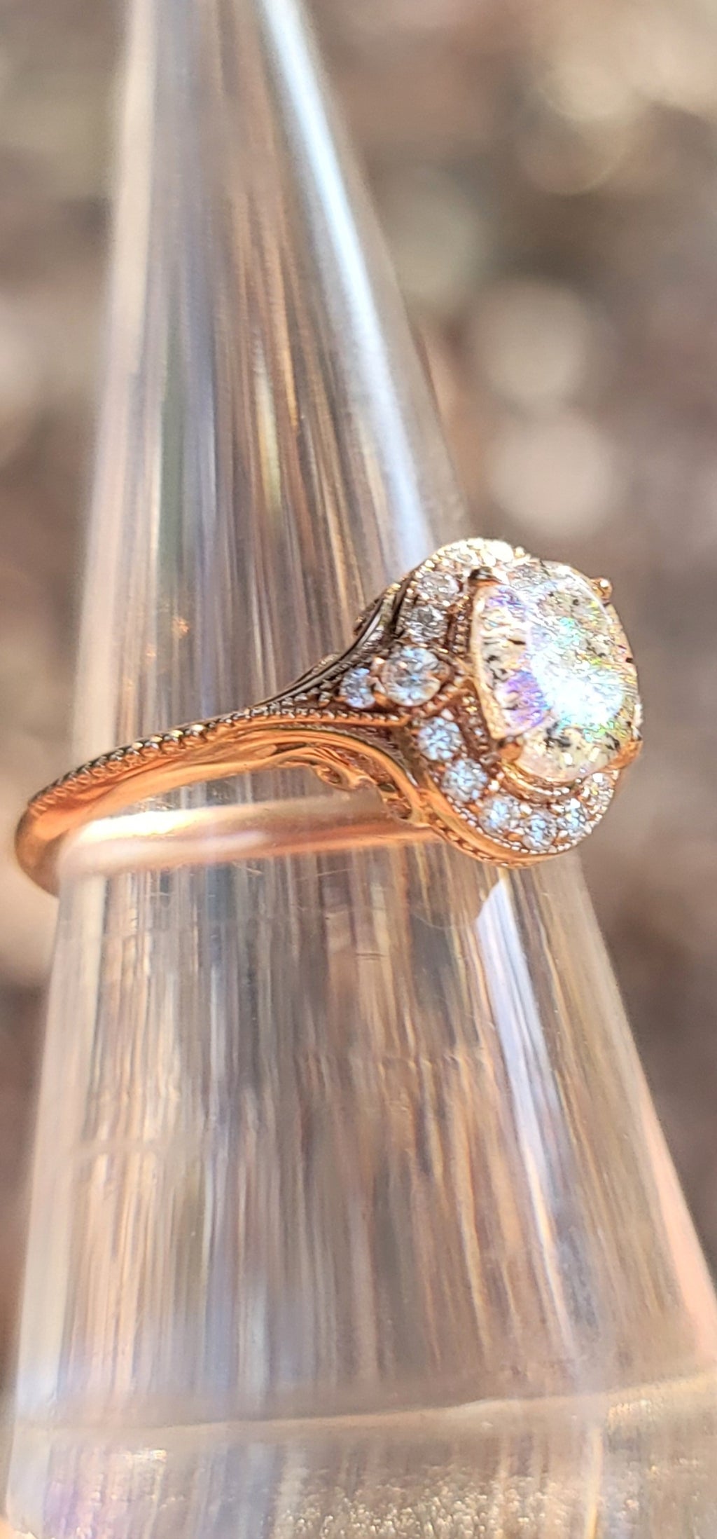 14k Rose Gold Filigree Cremation Ring For Ashes Moissanite Diamond Handmade Urn