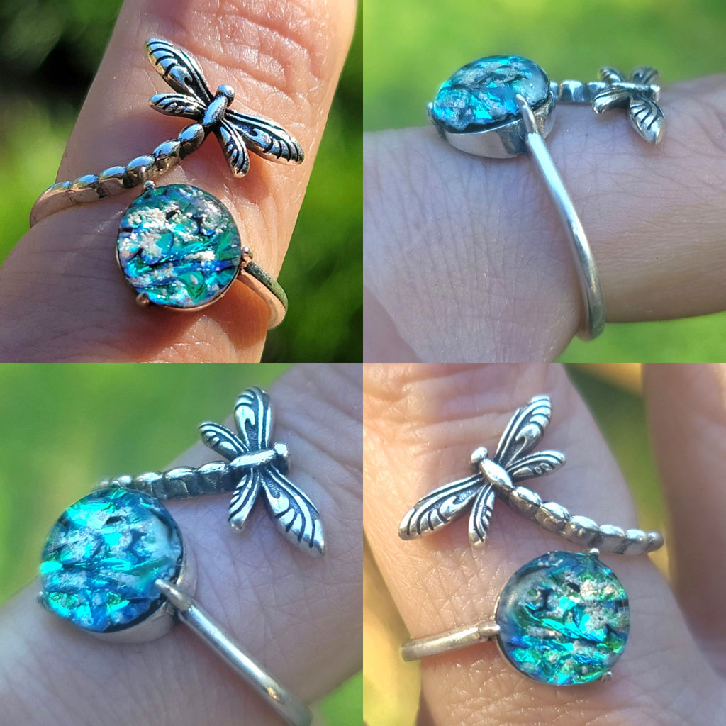 NEW Dragonfly Cremation Ring for Ashes InFused Glass Hard Sterling Silver Urn Adjustable Size Fits 6,7,8,9,10 Half Sizing