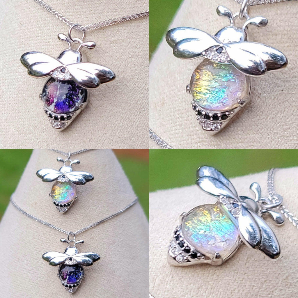 CZ Bumblebee Cremation Jewelry Ashes InFused Glass Sterling Silver Urn Pendant