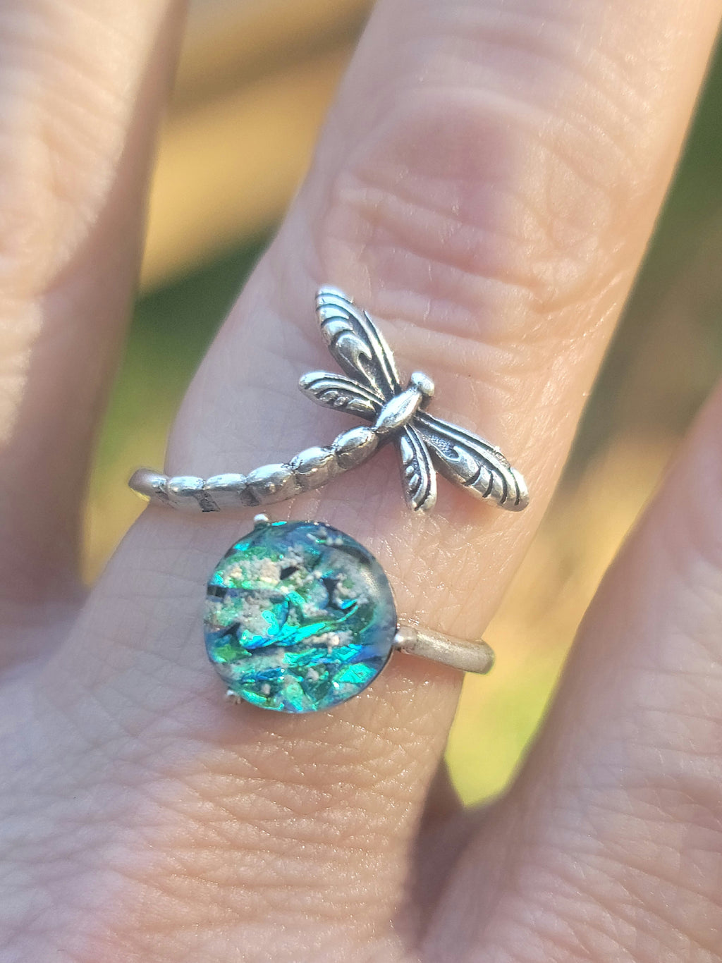 NEW Dragonfly Cremation Ring for Ashes InFused Glass Hard Sterling Silver Urn Adjustable Size Fits 6,7,8,9,10 Half Sizing