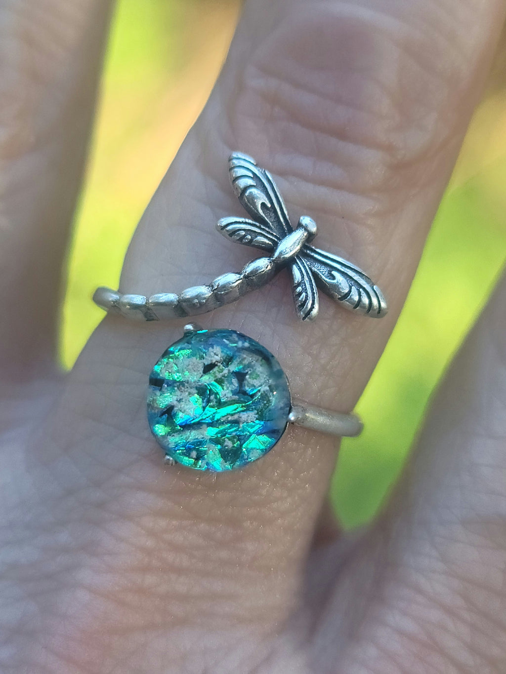 NEW Dragonfly Cremation Ring for Ashes InFused Glass Hard Sterling Silver Urn Adjustable Size Fits 6,7,8,9,10 Half Sizing