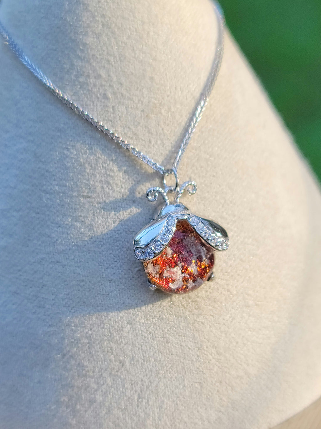 CZ Ladybug Cremation Jewelry Ashes InFused Glass Sterling Silver Urn Pendant