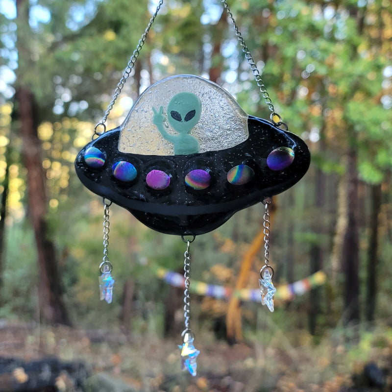 Alien Spaceship Sun Catchers  Cremation Ashes In Glass Memorial Urn 5inch
