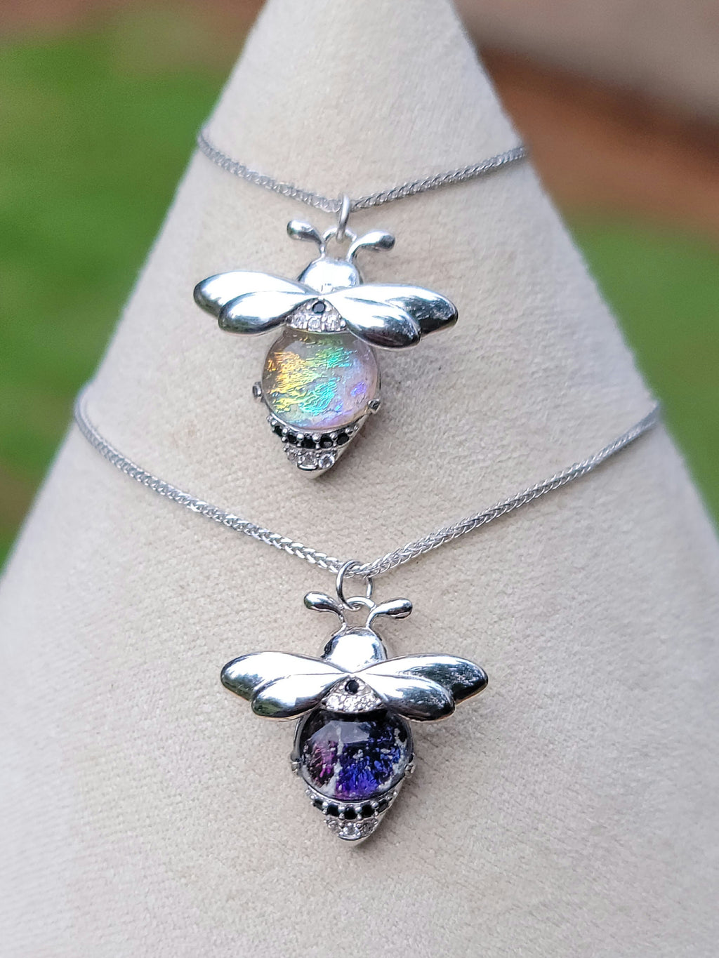 CZ Bumblebee Cremation Jewelry Ashes InFused Glass Sterling Silver Urn Pendant