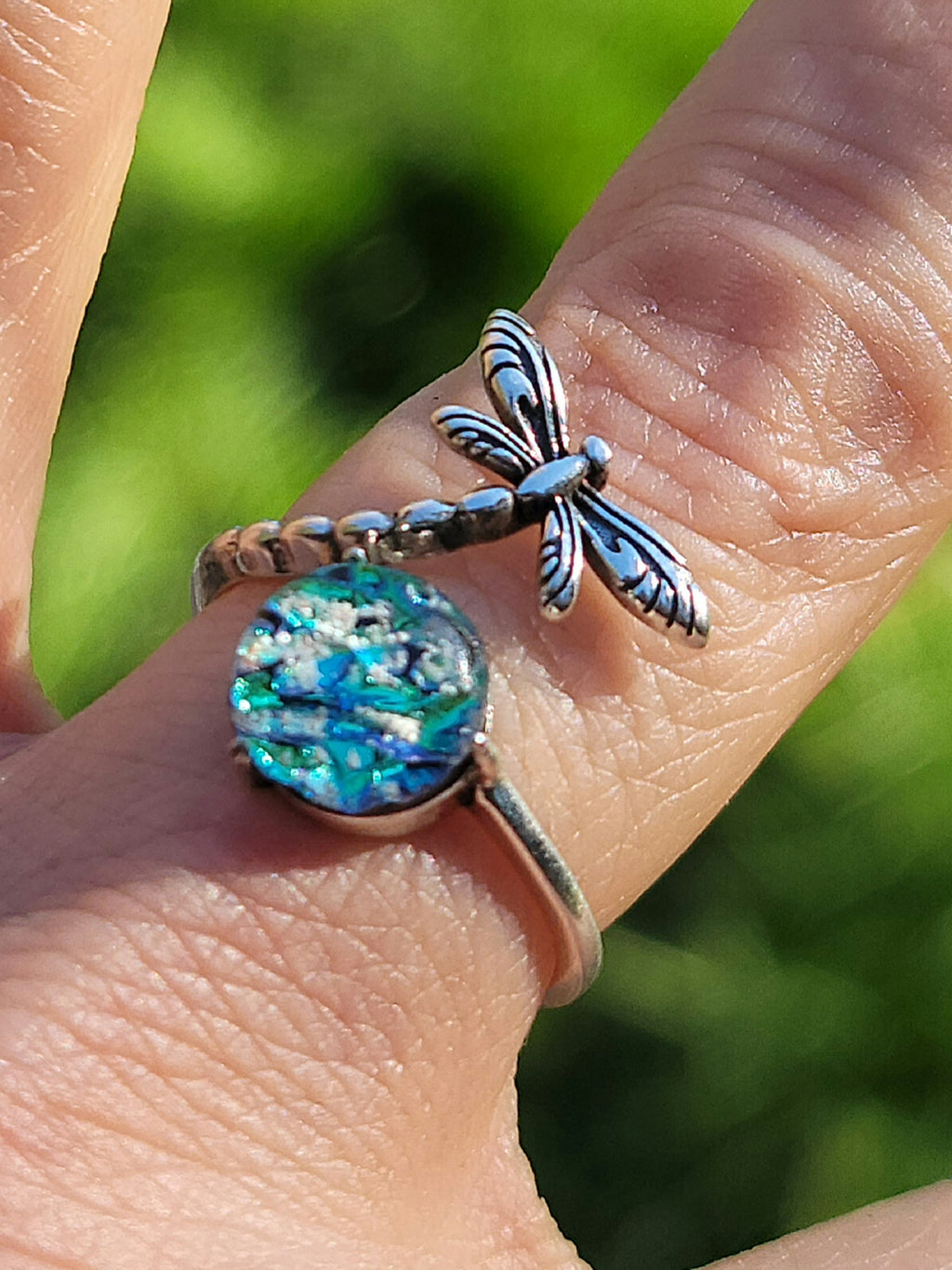 NEW Dragonfly Cremation Ring for Ashes InFused Glass Hard Sterling Silver Urn Adjustable Size Fits 6,7,8,9,10 Half Sizing