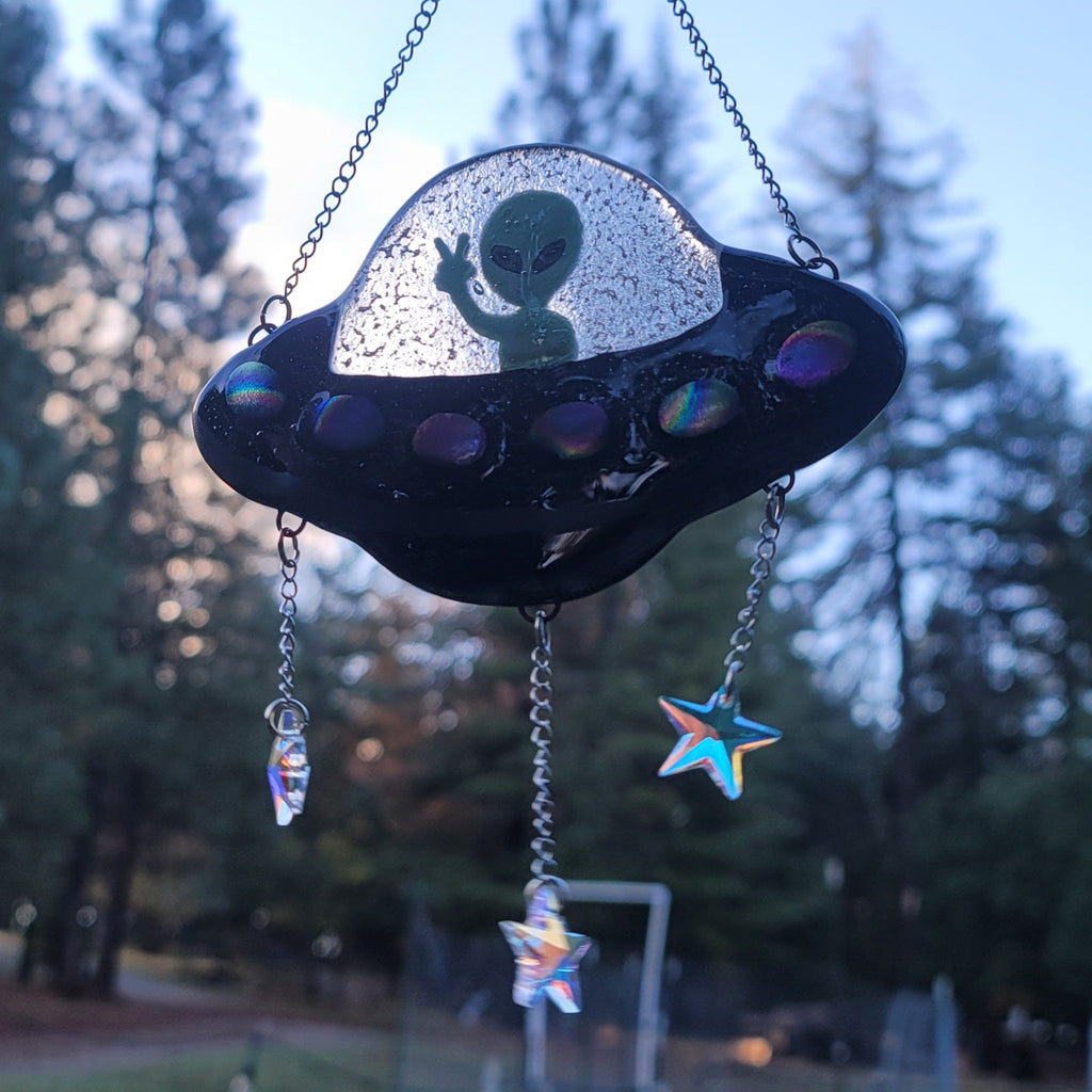 Alien Spaceship Sun Catchers  Cremation Ashes In Glass Memorial Urn 5inch