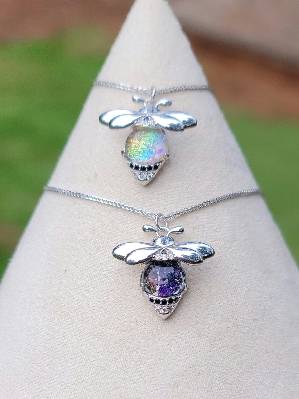 CZ Bumblebee Cremation Jewelry Ashes InFused Glass Sterling Silver Urn Pendant