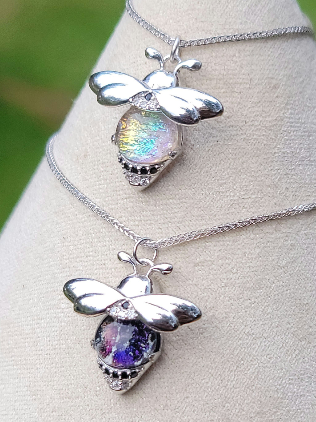 CZ Bumblebee Cremation Jewelry Ashes InFused Glass Sterling Silver Urn Pendant