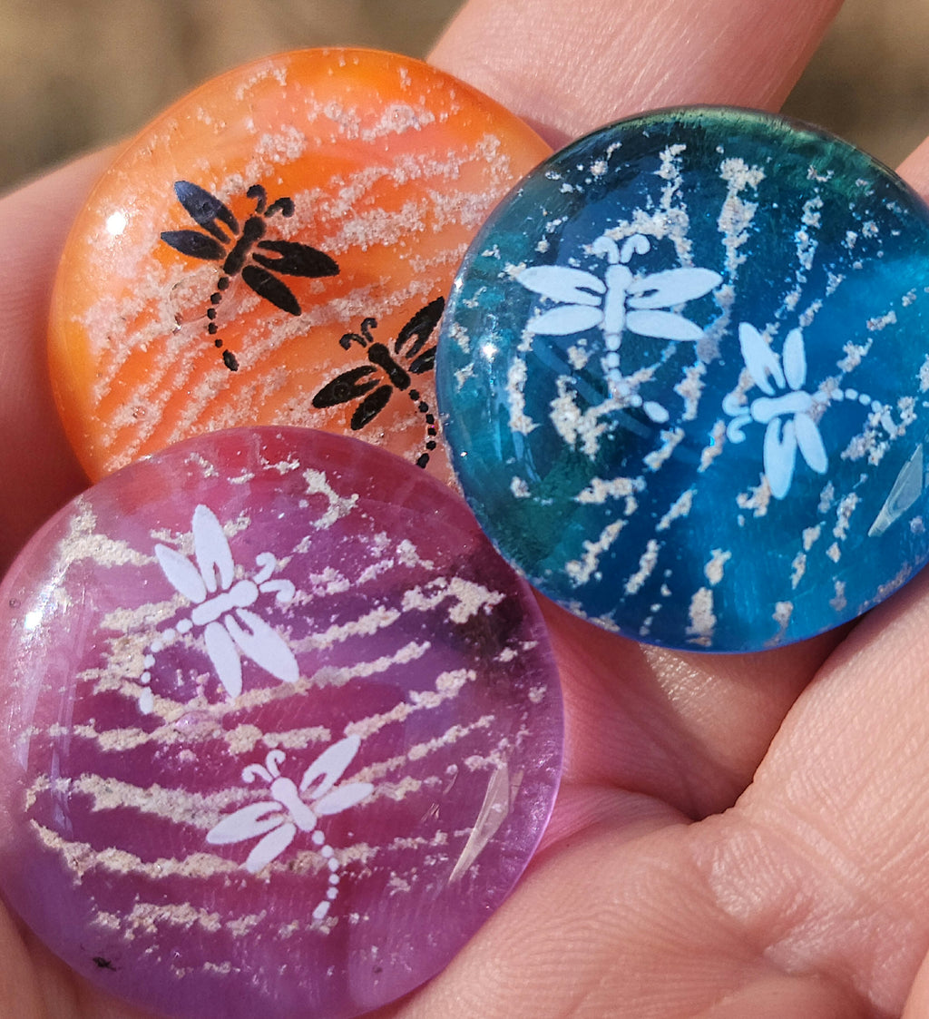 Dragonfly Cremation Pocket Stones 4 (set) Ashes InFused Glass 1 inch stones in Velvet Bag