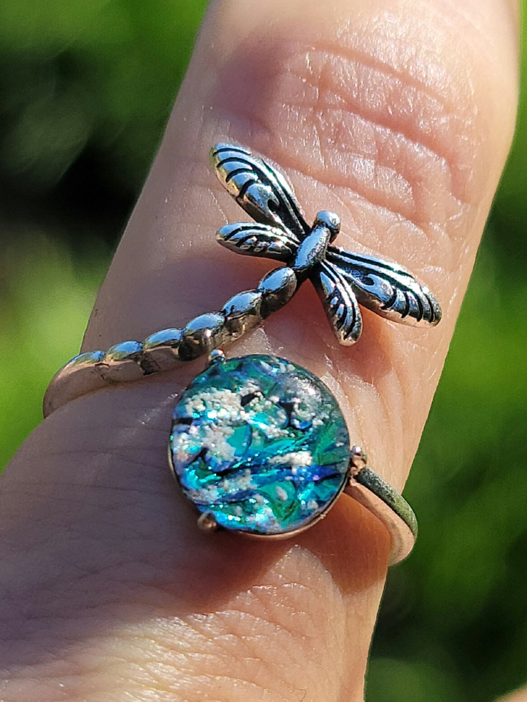 NEW Dragonfly Cremation Ring for Ashes InFused Glass Hard Sterling Silver Urn Adjustable Size Fits 6,7,8,9,10 Half Sizing